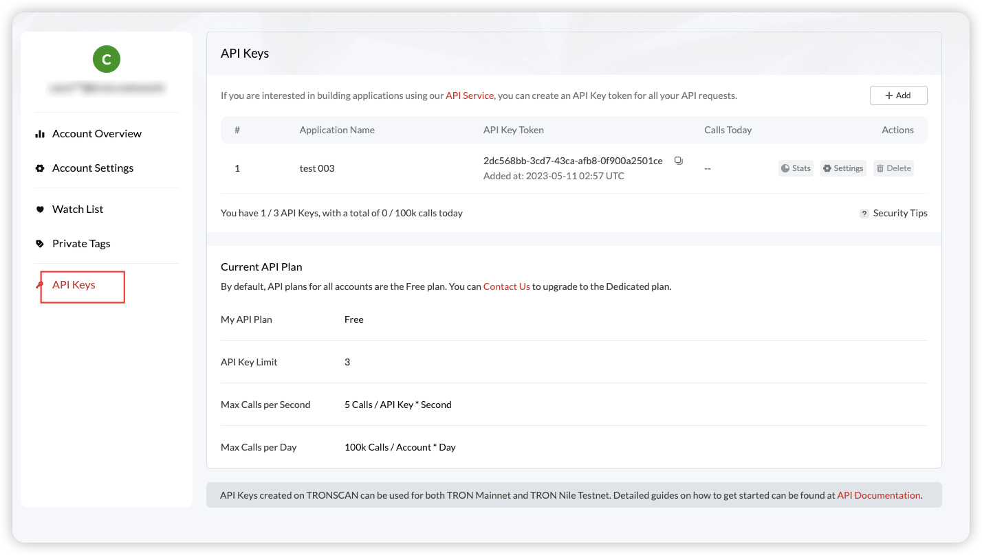 TRONSCAN API Keys page
